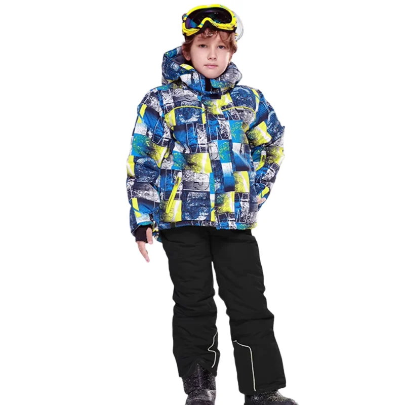 Kids Windproof Waterproof Ski Suit Set with Fleece-Lined Hooded Jacket and Bib Pants