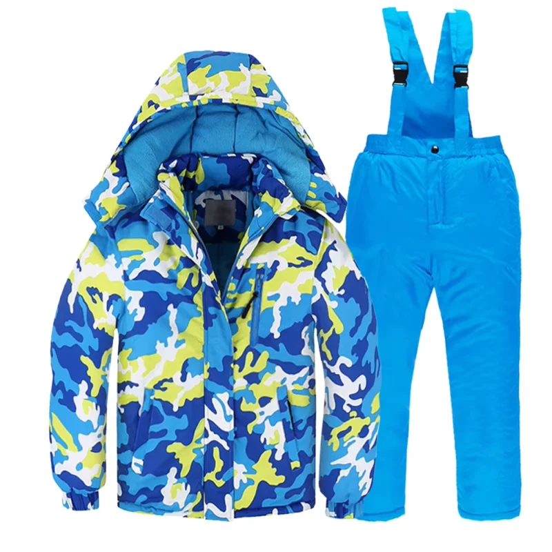 Kids Camouflage Waterproof Ski Suit Set with Fleece Lining, Detachable Hood and Bib Pants
