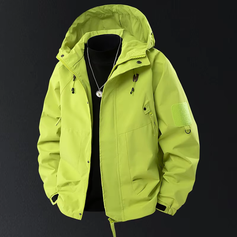 Men’s Hooded Waterproof Windbreaker Jacket with Multiple Pockets and Zipper Closure