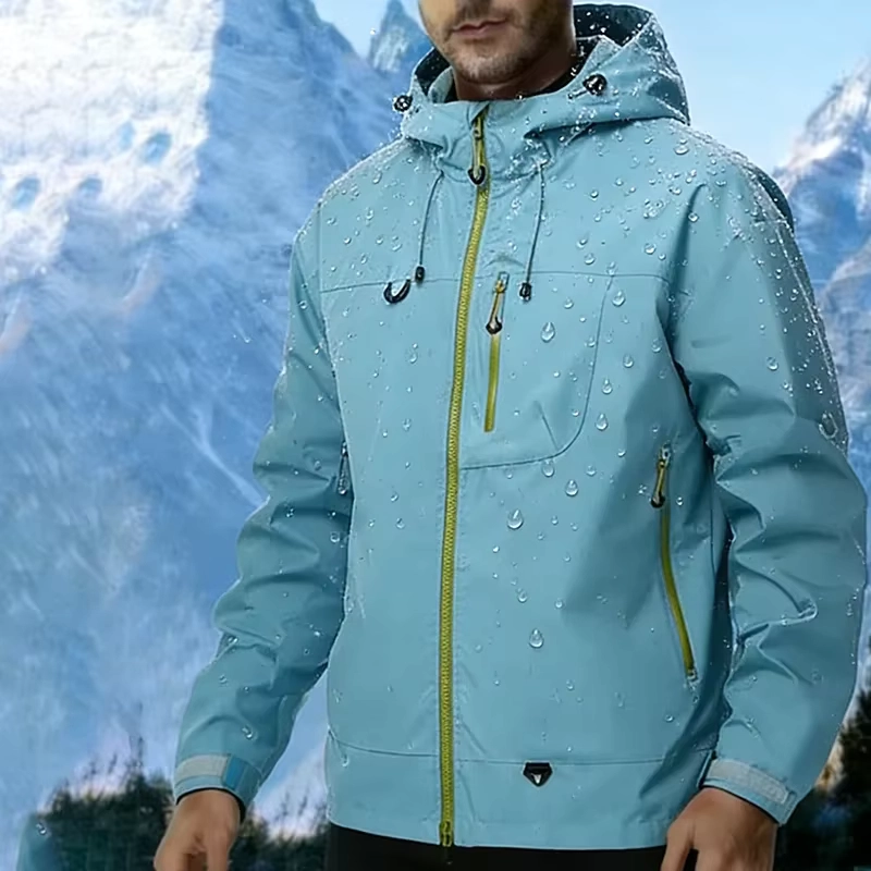 Men’s Hooded Waterproof Softshell Jacket with Multiple Pockets and Zipper Closure