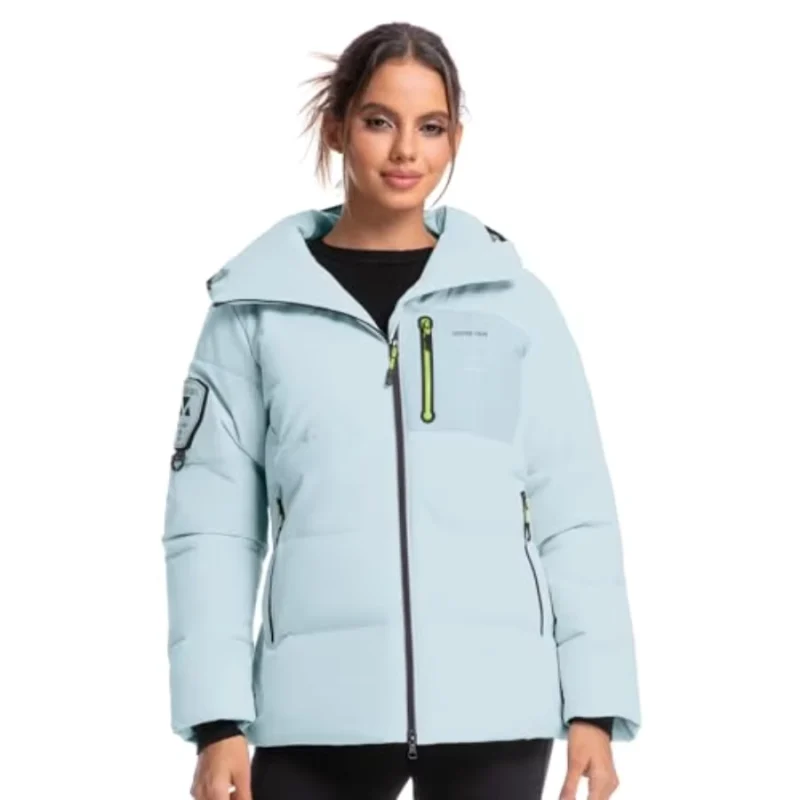 Women’s Arctic Blue Insulated Hooded Ski Jacket with Waterproof Windproof Protection, Multiple Pockets
