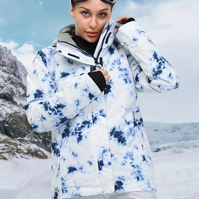 Women’s Marble Print Hooded Ski Jacket with Windproof Warmth, Pocket Detail