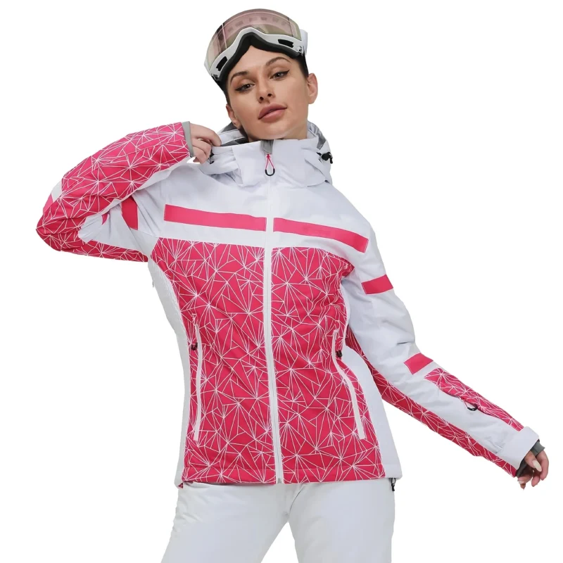 Women’s Rose Red Geometric Hooded Ski Windbreaker Jacket with Pocket Detail, Polyester Lining