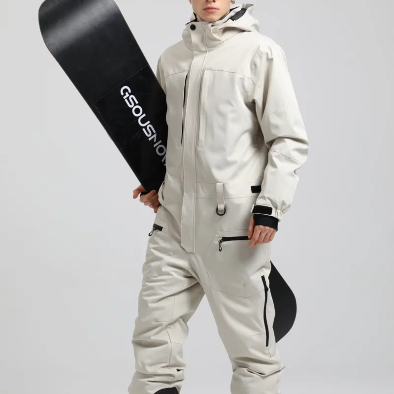 Men’s Waterproof One-Piece Ski Jumpsuit with Fleece Lining and Insulated Windproof Protection