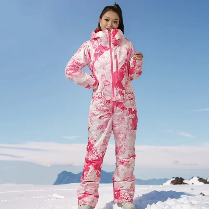 Women’s Hooded One-Piece Ski Jumpsuit with Waterproof Overall Coverage, Warm Snowboard Fit