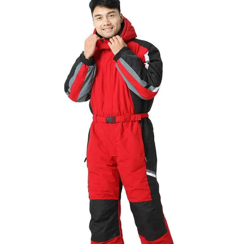 Men’s Hooded Snowboarding Jumpsuit, Fleece Warm Waterproof Ski Overall for Winter Sports