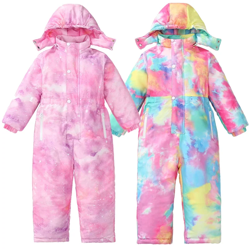 Kids Printed Waterproof Hooded Ski Jumpsuit with Removable Hood and Snow-Seal Cuffs