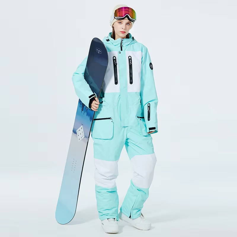 Women’s Broadcloth One-Piece Ski Jumpsuit with Waterproof Windproof Protection, Color Block Snow Style