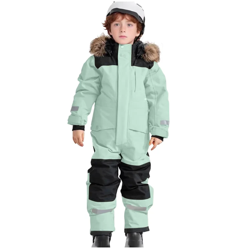Kids Coral Fleece Ski Jumpsuit with Feather Filling, Storm Hood and Hip Zipper