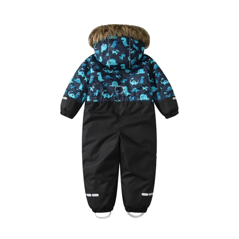 Kids Cartoon Hooded Ski Jumpsuit with Cotton Filling, Windproof Warmth and Zipper Closure