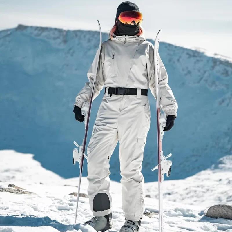 Women’s Belted Insulated One-Piece Ski Suit with Waterproof Fabric, Stretch Snowboard Fit