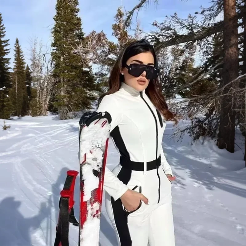 Women's Patchwork One-Piece Ski Jumpsuit with Windproof Waterproof Protection, Zipper Detail