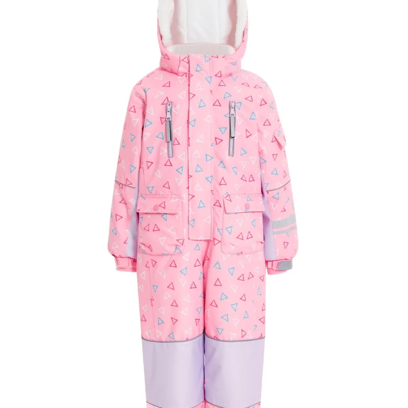 Kids Pink Geometric Ski Jumpsuit with Reflective Strips, Zipper Pockets and Slight-Stretch Fit