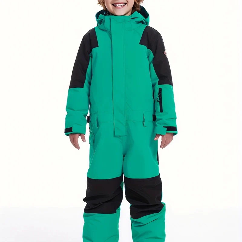 Kids Emerald Green Color Block Ski Jumpsuit with Stand Collar, Breathable Fabric and H-Fit Coverage