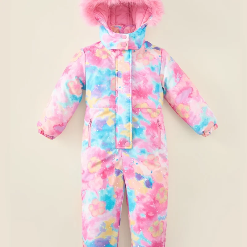 Girls Mixed Color Hooded Ski Jumpsuit with Zipper Closure, Pocket Detail and Warm Polyester Filling