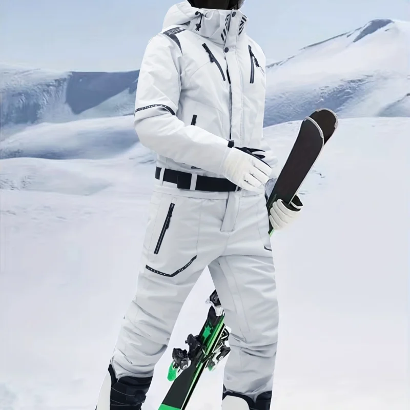 Men’s Light Grey Ski Bib Jumpsuit with Zipper Detail, Polyester Lining and Regular Fit