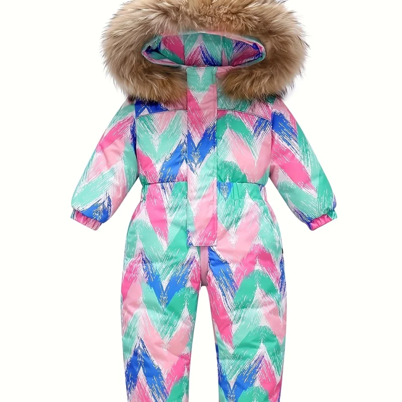Kids Mixed Color Hooded Ski Jumpsuit with Floral Print, Thick Winter Warmth and Regular Fit