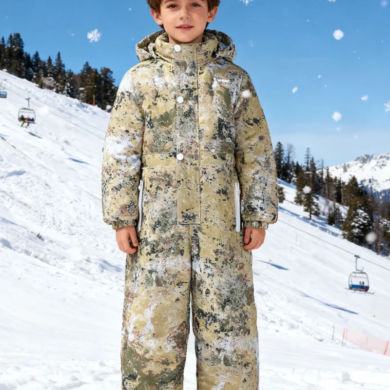 Kids Mixed Color Cartoon Ski Jumpsuit with Pocket Detail, Slight Stretch and Thick Winter Warmth