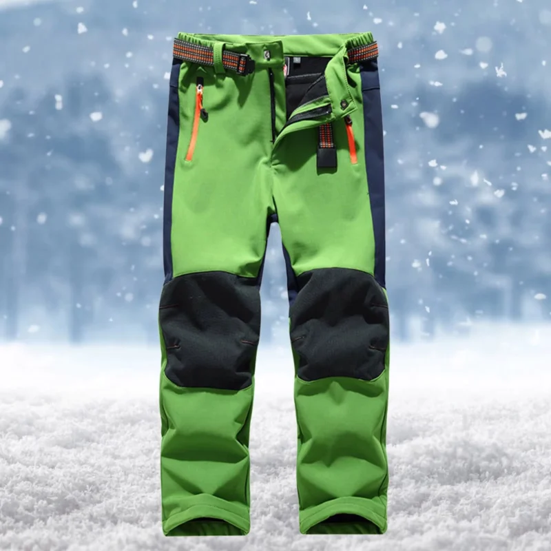 Kids Green Cargo Ski Pants with Drawstring Waist, Button Fly and Warm Outdoor Fit