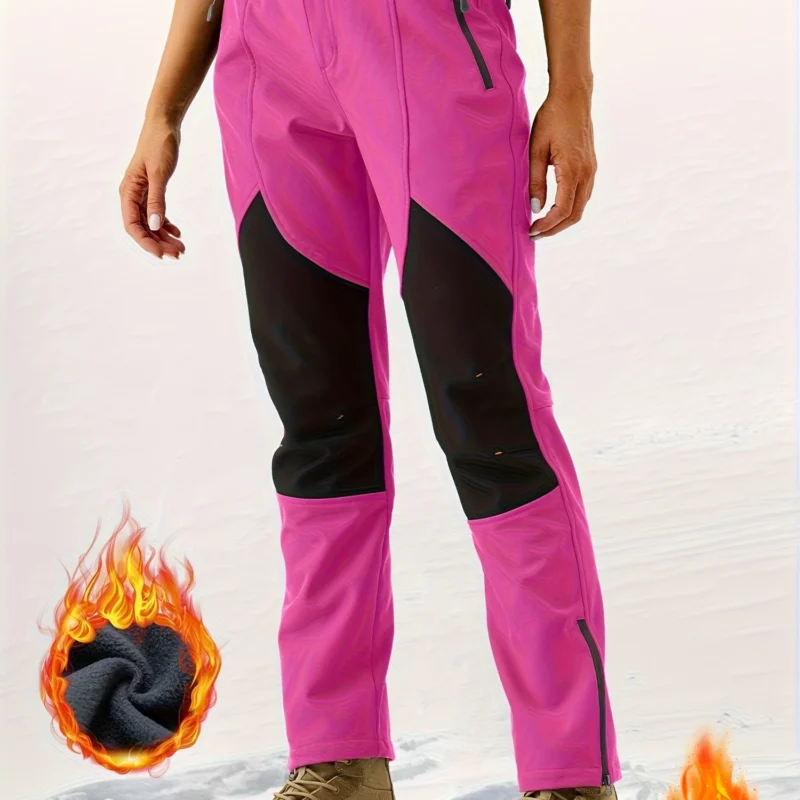 Women’s Belted Patchwork Snow Pants, Windproof Full-Length Ski Trousers with Zippered Pockets