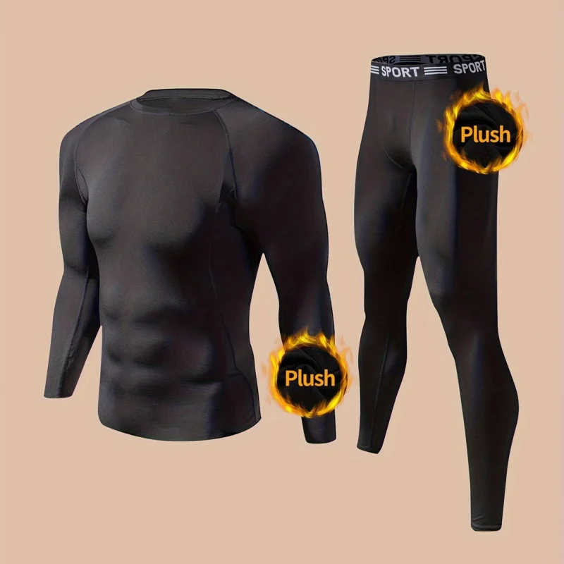 Men’s Fleece-Lined High-Stretch Thermal Base Layer Set with Crew Neck and Skinny Fit
