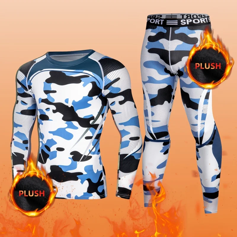 Men’s Navy Camo Thermal Underwear Set with Warm Lining and High-Stretch Fit